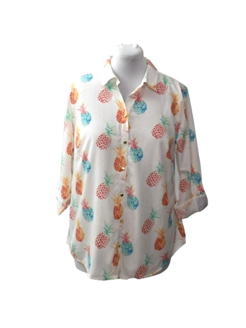 Chicos No Iron Pineapple Print Shirt Womens 16 Chicos 3 Cotton Roll Tab Sleeve
